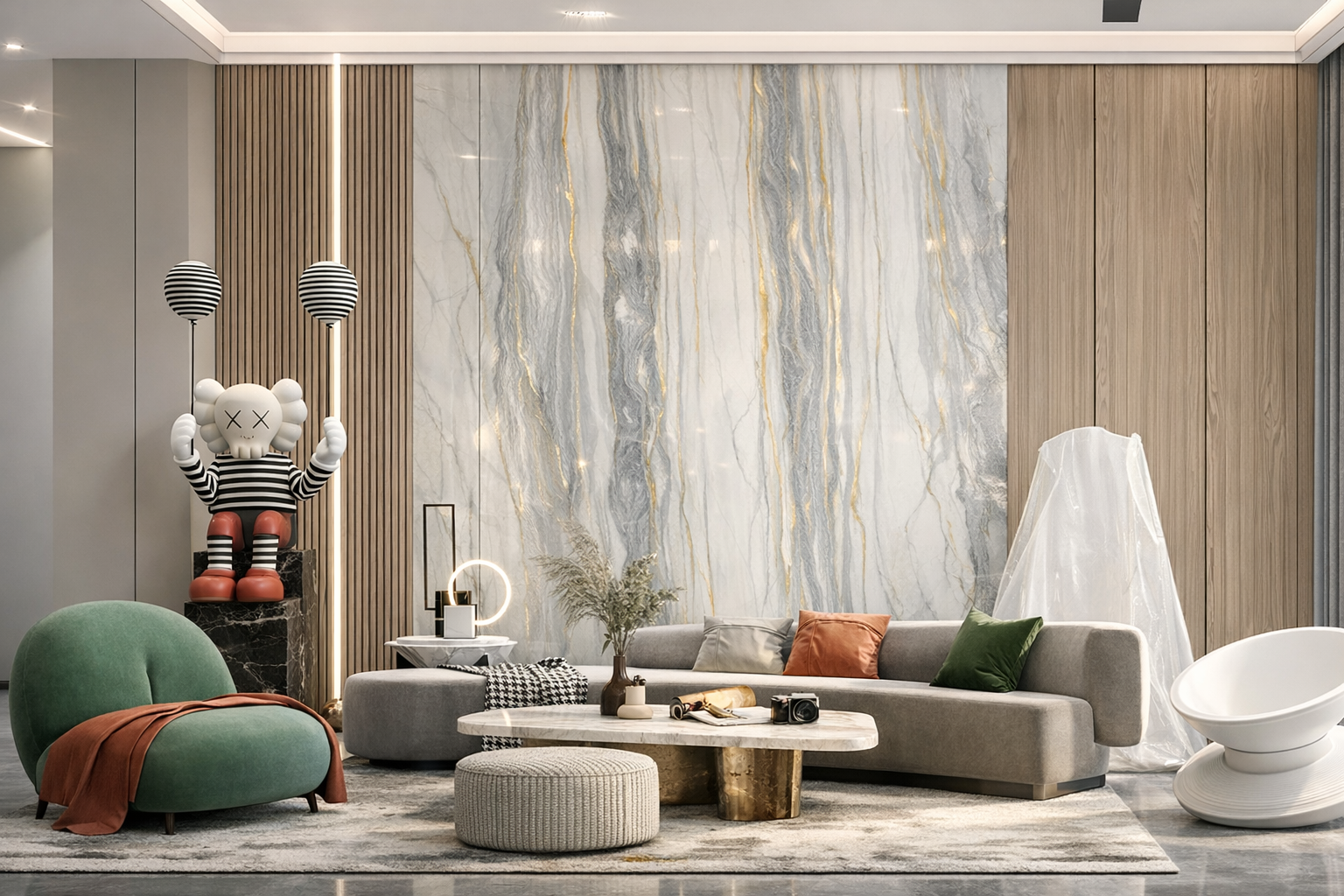 modern living room with kaws figurine